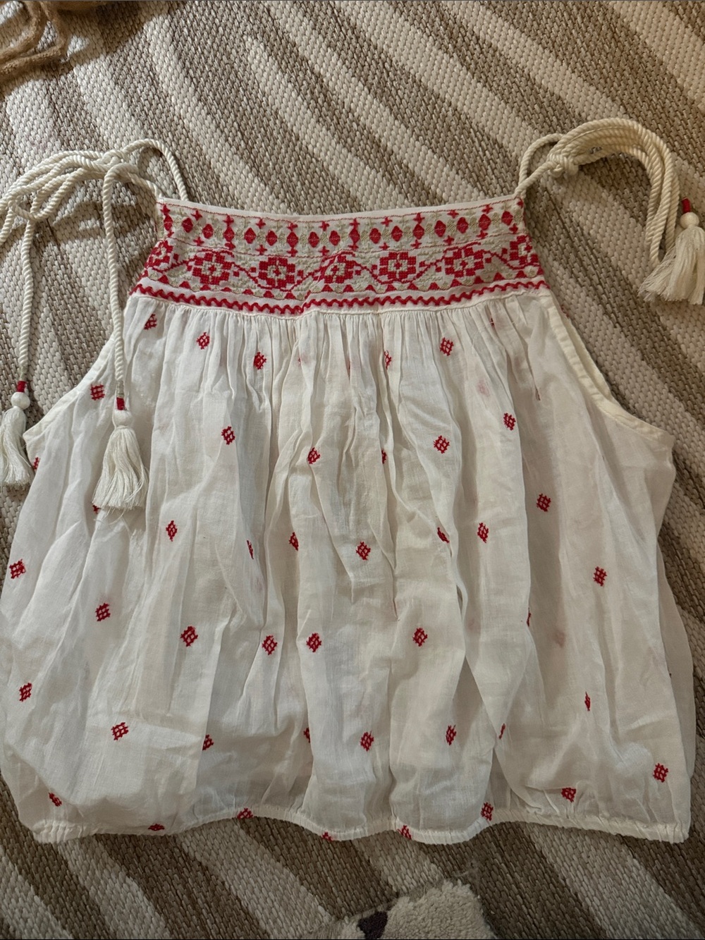 Free People Cream Gauze Tank with Red Embroidery